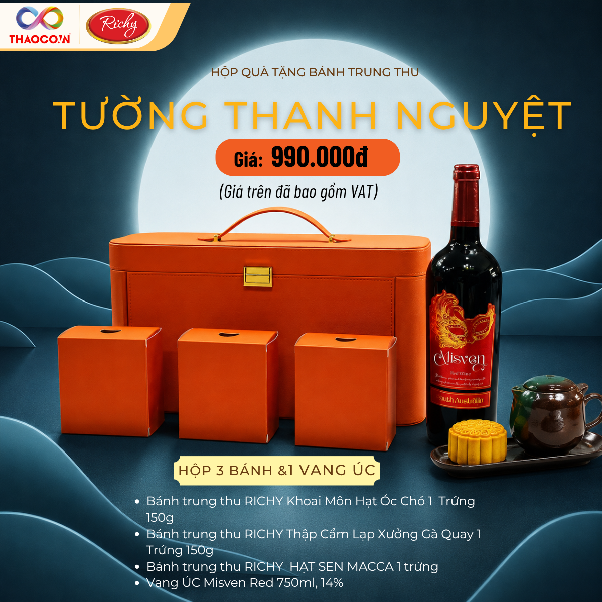 Trung Thu 2026 - Hộp Tường Thanh Nguyệt (03 bánh 180g + 01 vang Úc 750ml) kèm túi - Phân phối chính hãng