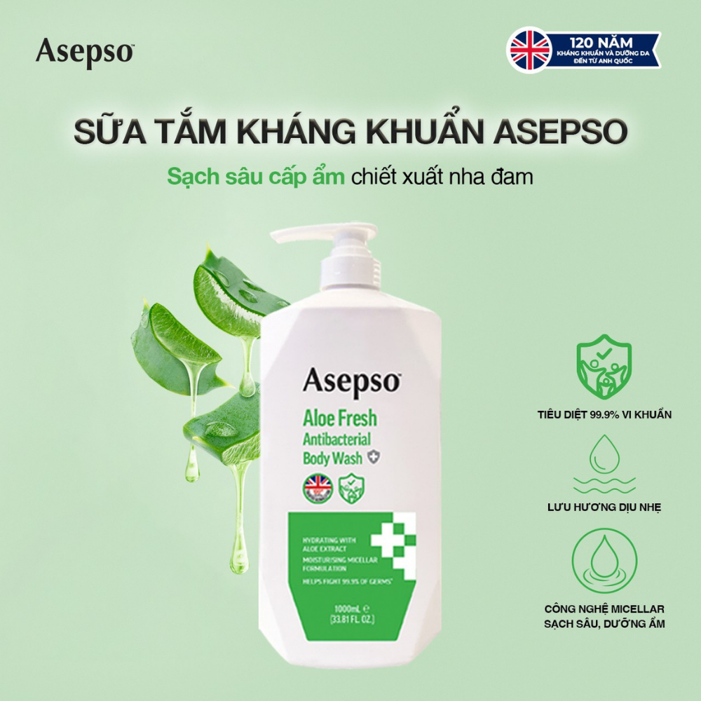 Sữa tắm kháng khuẩn ASEPSO sạch sâu cấp ẩm Chiết Xuất Nha Đam 1000 ml