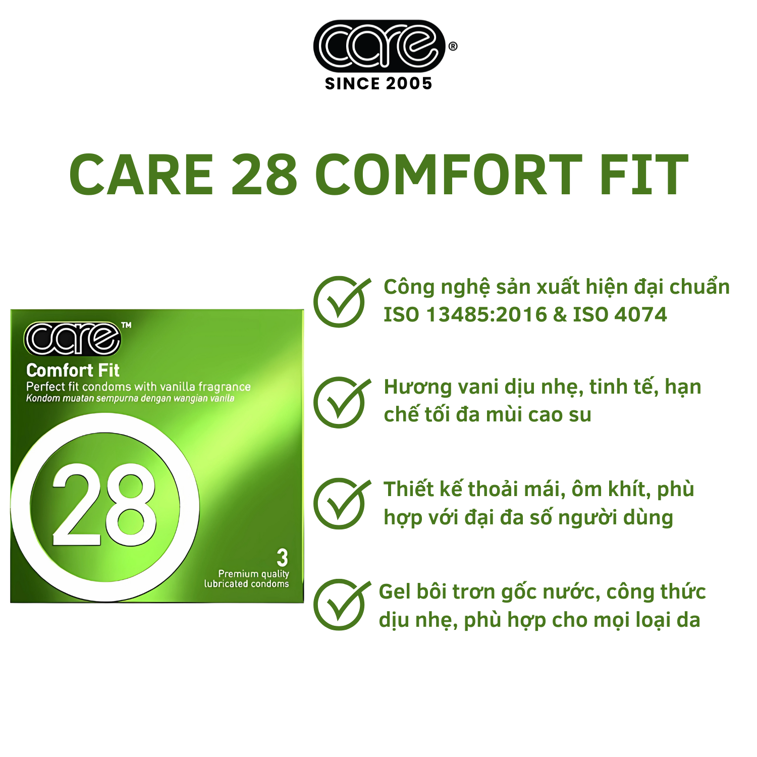 Bao cao su CARE 28 trơn mỏng truyền thống - hương vani (hộp 12 bcs)