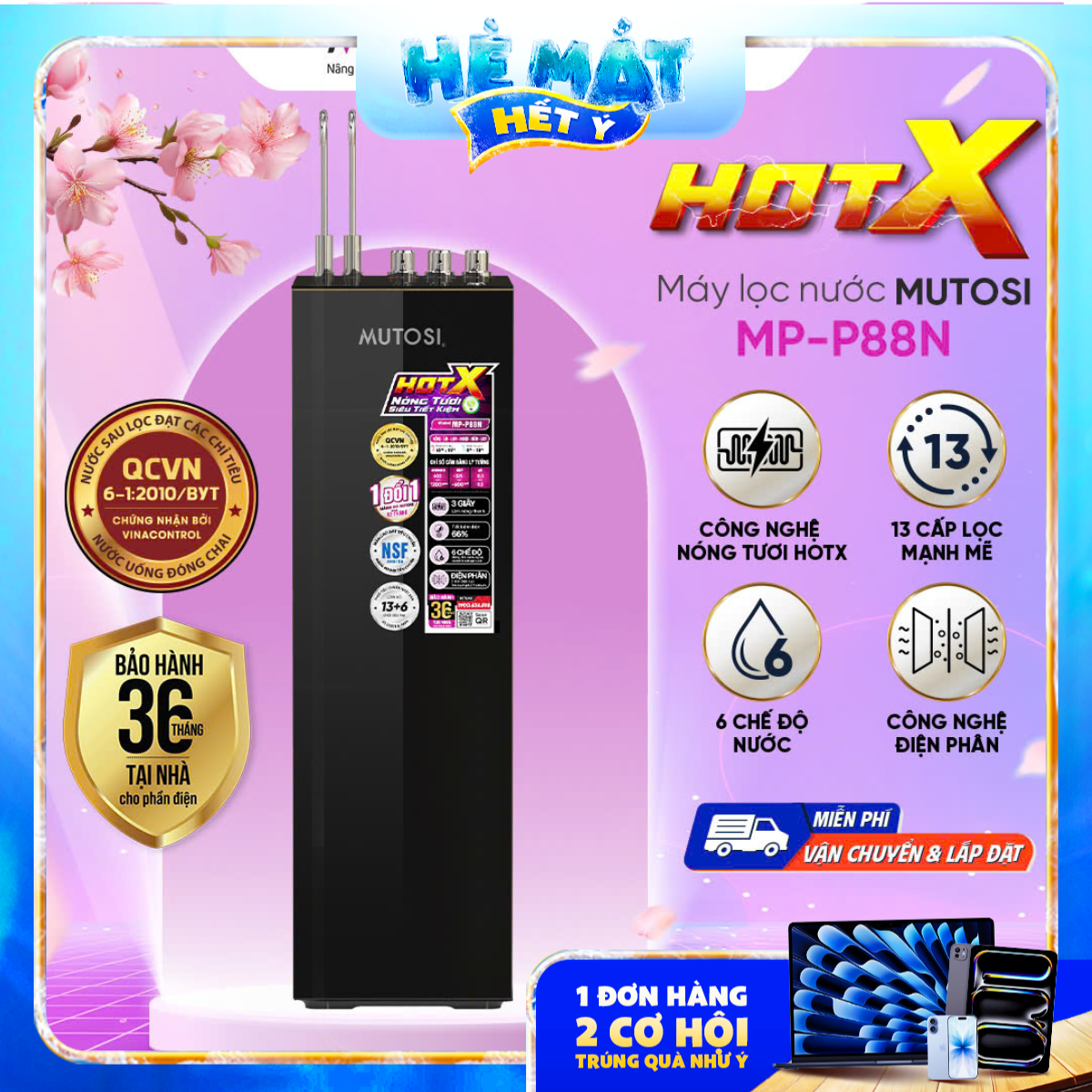Máy lọc nước điện giải ion kiềm hydrogen nóng lạnh nguội Mutosi MP-P88N - Phân phối chính hãng