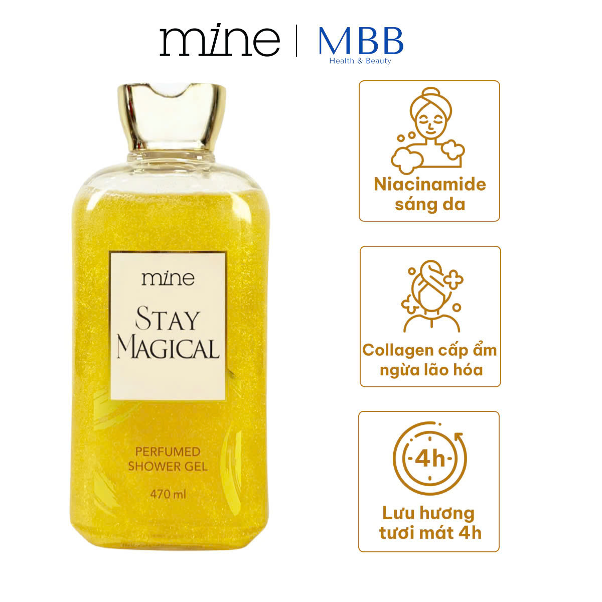 Gel tắm trắng nhũ vàng nước hoa Mine Stay Magical 470ml - Phân phối chính hãng