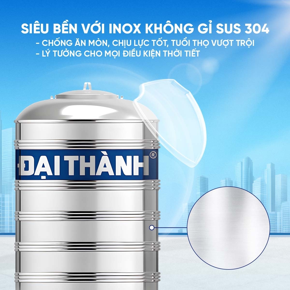 Bồn Inox 304 Đại Thành 1000L-bồn đứng ĐK940 (Phân phối từ Kon Tum trở vào khu vực phía Nam)