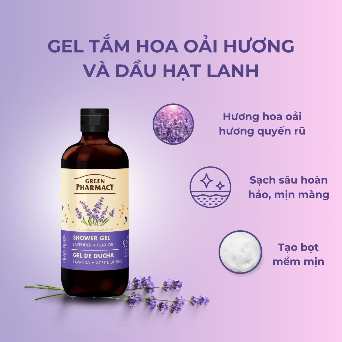 Gel tắm Green Pharmacy Hoa oải hương và dầu hạt lanh 500ml