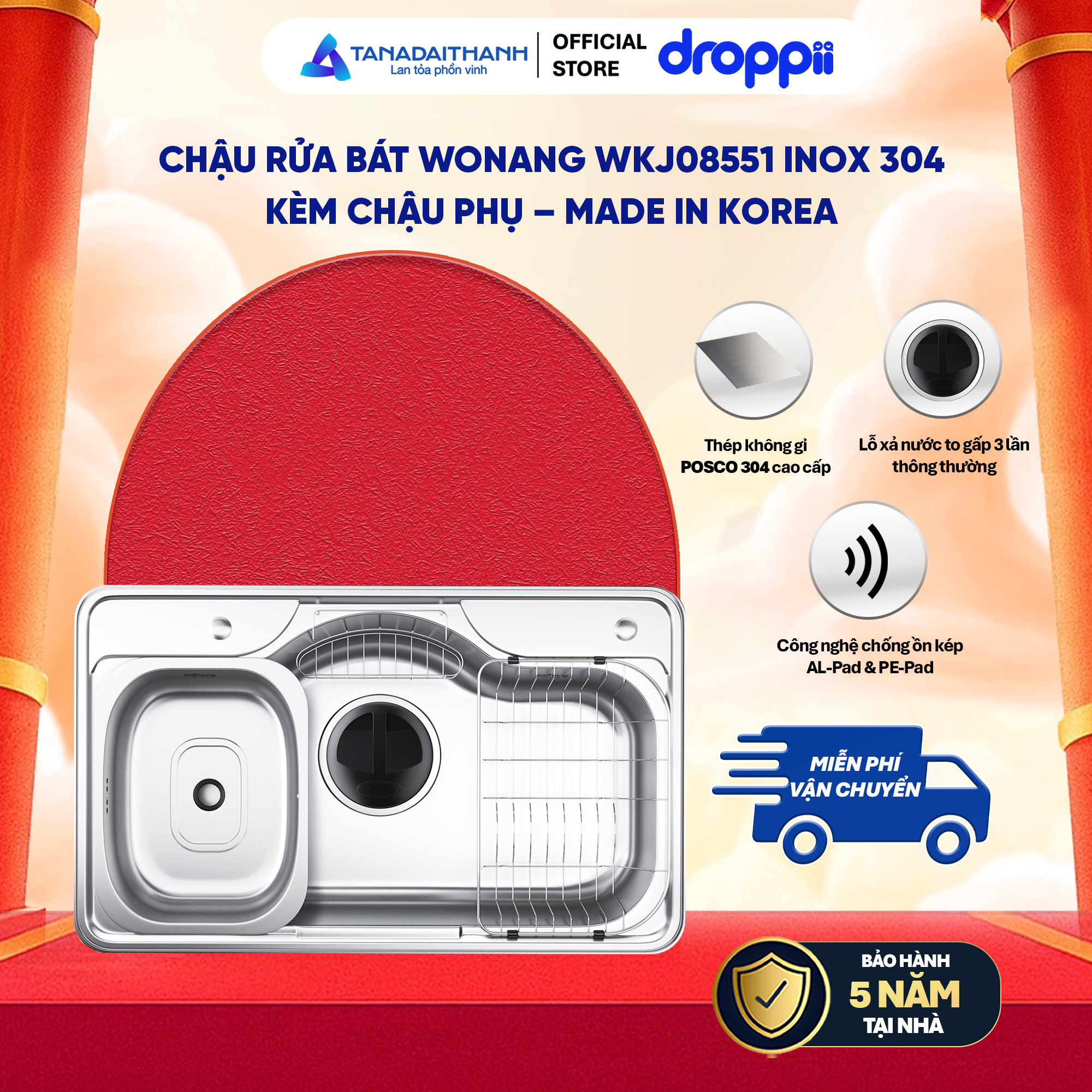 Chậu kép rửa bát Wonang WKJ08551 một hố inox 304 – Made In Korea (kèm chậu phụ) - Phân phối chính hãng