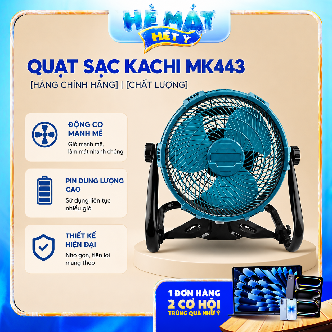 Quạt Để Bàn Tích Điện Kachi MK443 – Gió Turbo Mạnh Mẽ, Xoay 360 Độ, Thiết Kế Di Động Đa Năng - Phân phối chính hãng