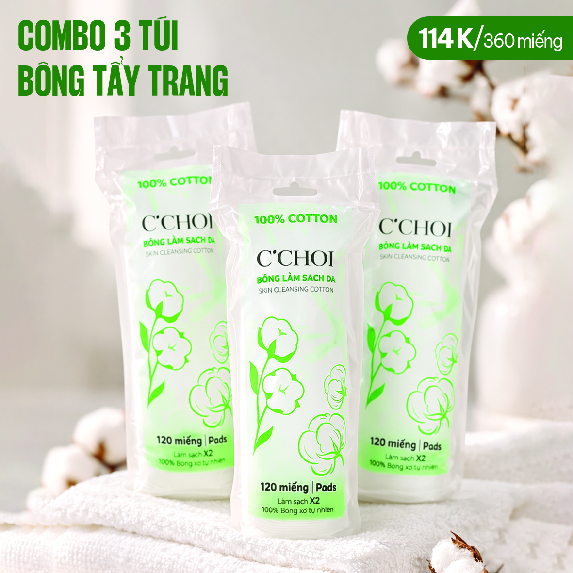 Combo 3 túi Bông Làm sạch da (360 miếng)
