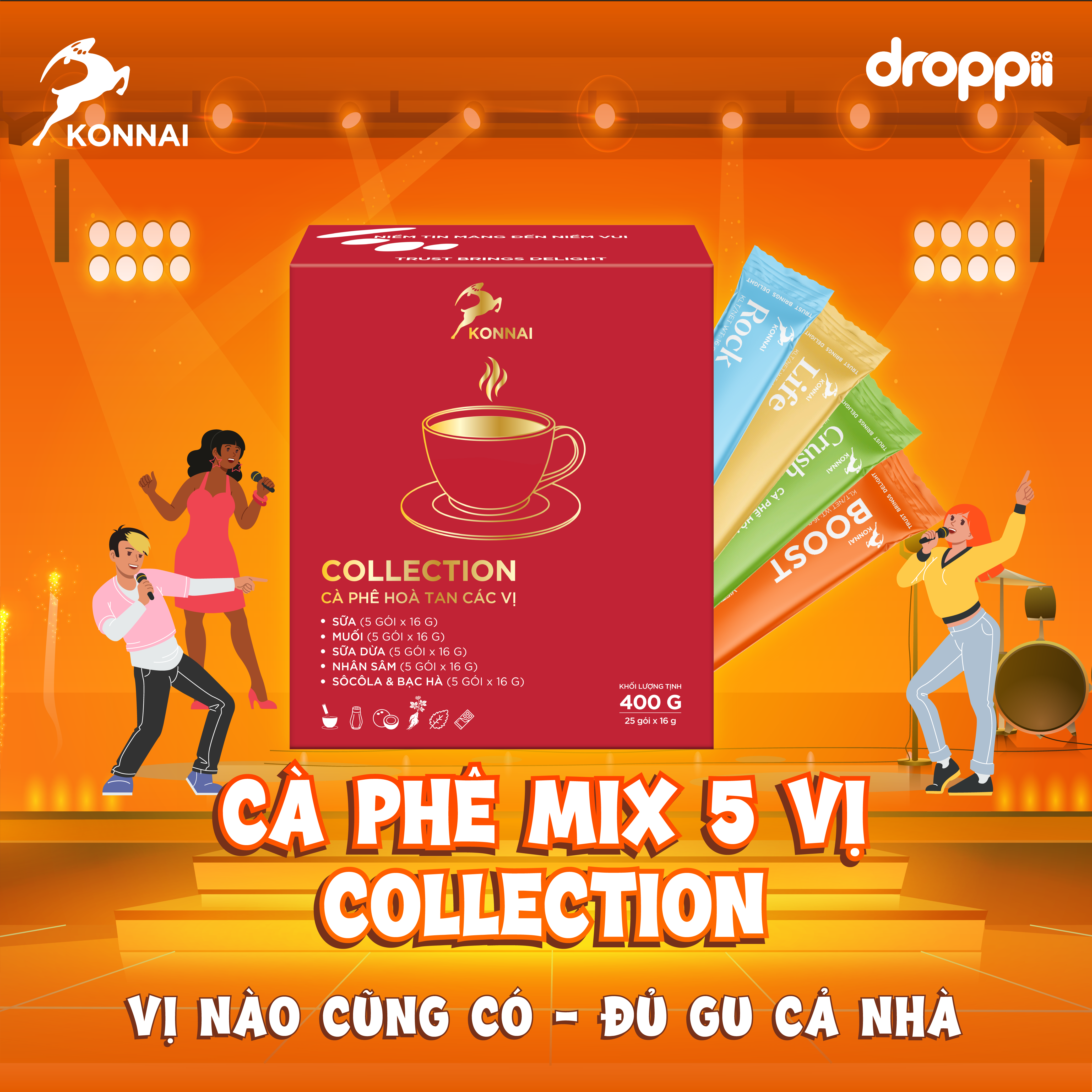 Cà phê mix 5 vị (cà phê muối, cà phê sữa dừa, cà phê socola & bạc hà, cà phê sữa, cà phê nhân sâm) Konnai Coffee 25 gói/hộp - Phân phối chính hãng