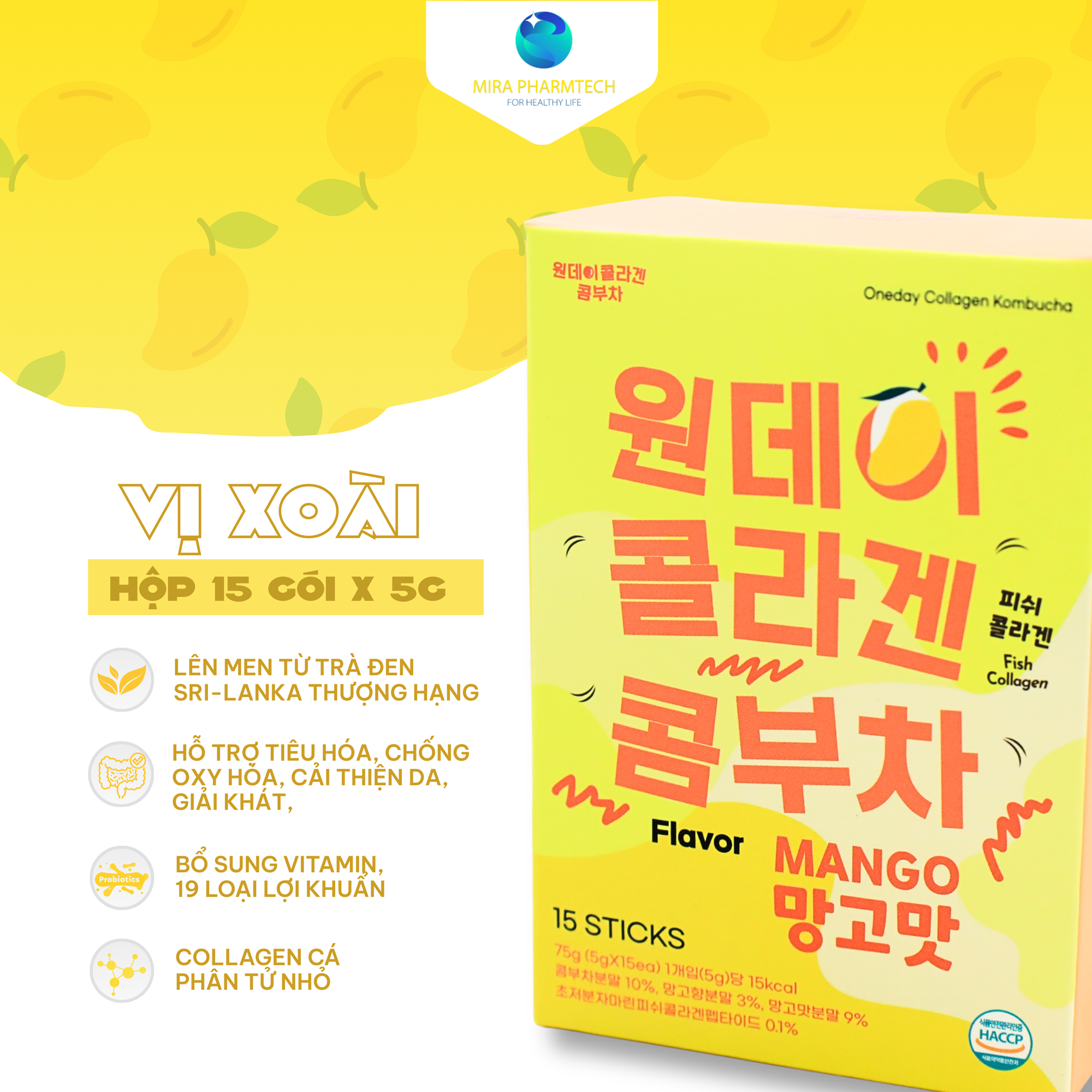 Thức uống lên men Kombucha Collagen Oneday hoà tan - giàu lợi khuẩn Vị Xoài (Hộp 15 gói x 5g)