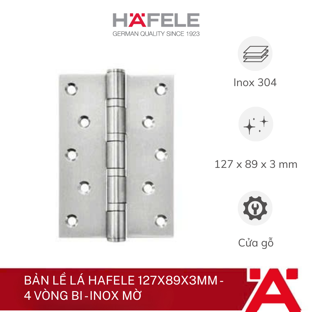 Bản lề lá Hafele 127x89x3mm - 4 vòng bi - Inox mờ 926.25.505