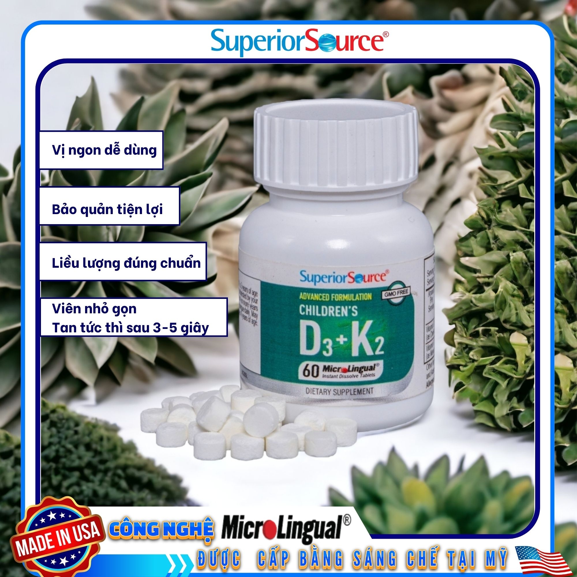 Children's D3 + K2 – Bổ sung vitamin D3 và K2, hỗ trợ hấp thu canxi, tốt cho xương và răng của bé
