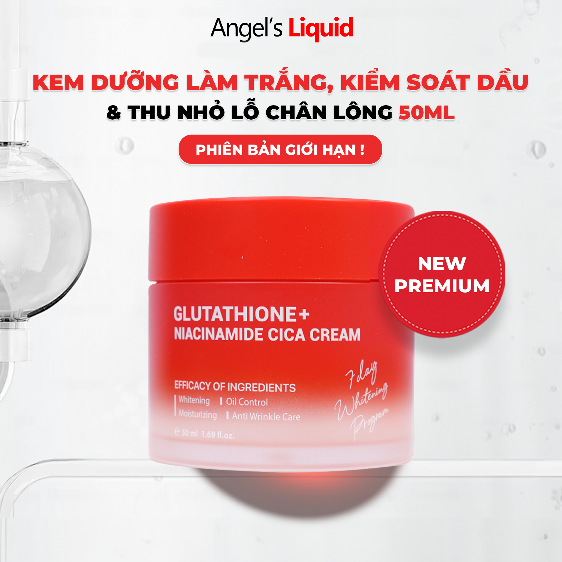 [NEW PREMIUM] Kem ANGEL'S LIQUID GLUTATHIONE PLUS NIACINAMIDE CICA CREAM hỗ trợ làm trắng, kiểm soát dầu & thu nhỏ lỗ chân lông (hộp 50ml) - Phân phối chính hãng