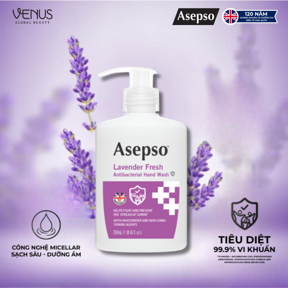 Nước rửa tay kháng khuẩn ASEPSO dịu nhẹ không khô da Hương Lavender 250 ml - Phân phối chính hãng