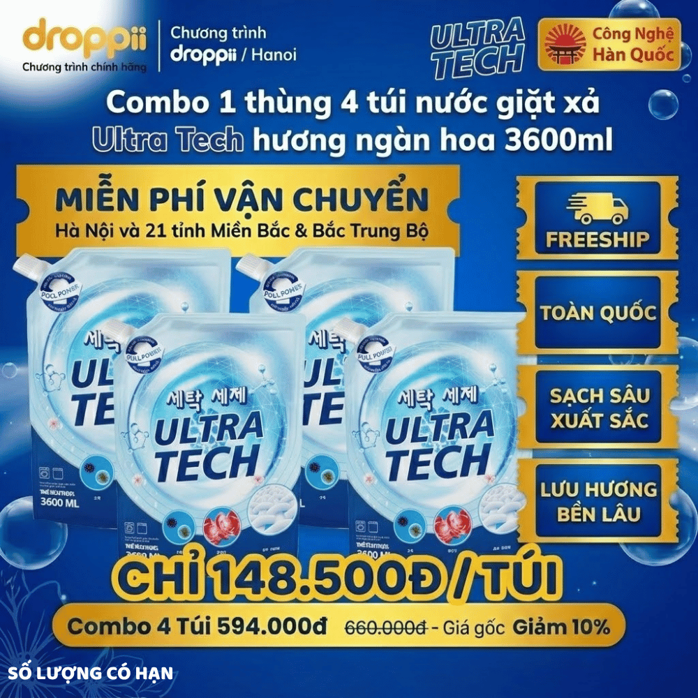 Thùng 4 túi Nước giặt xả Ultra Tech hương ngàn hoa 3600ml - 2