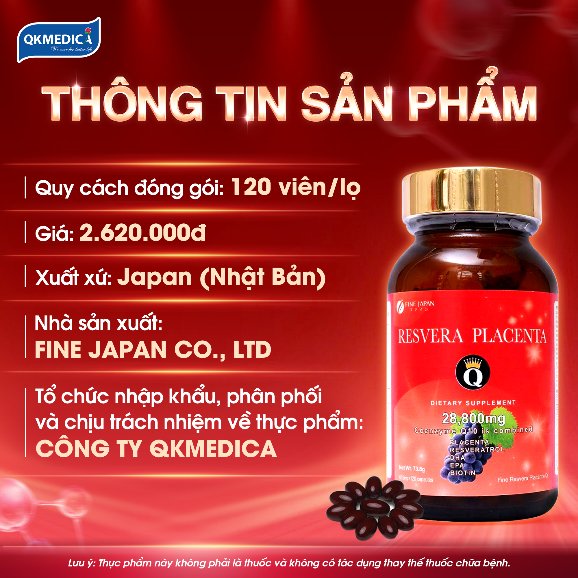 (HSD:12/12/26) Thực phẩm bảo vệ sức khỏe Resvera Placenta Q (hộp 120 viên)