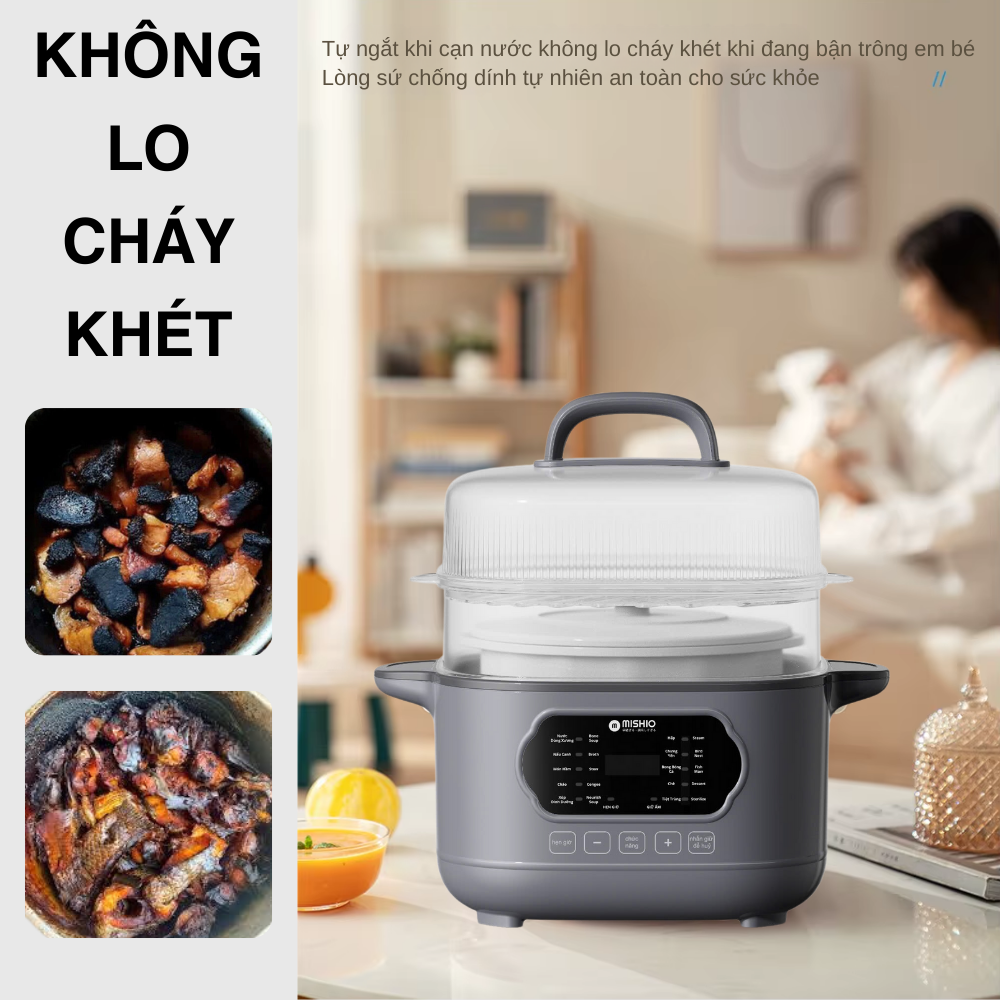 Nồi nấu chậm lòng sứ 3L Mishio MK397 kèm xửng hấp và 4 thố sứ tiện lợi không lo cháy khét hay bong tróc chống dính - 2