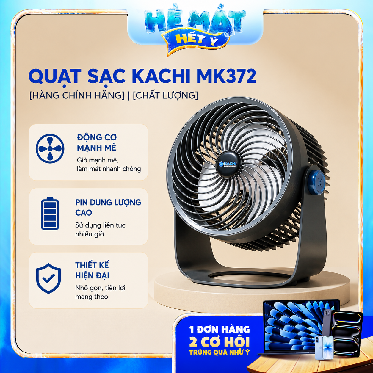 Quạt tích điện không dây pin 4000mAH Kachi MK372 - Phân phối chính hãng