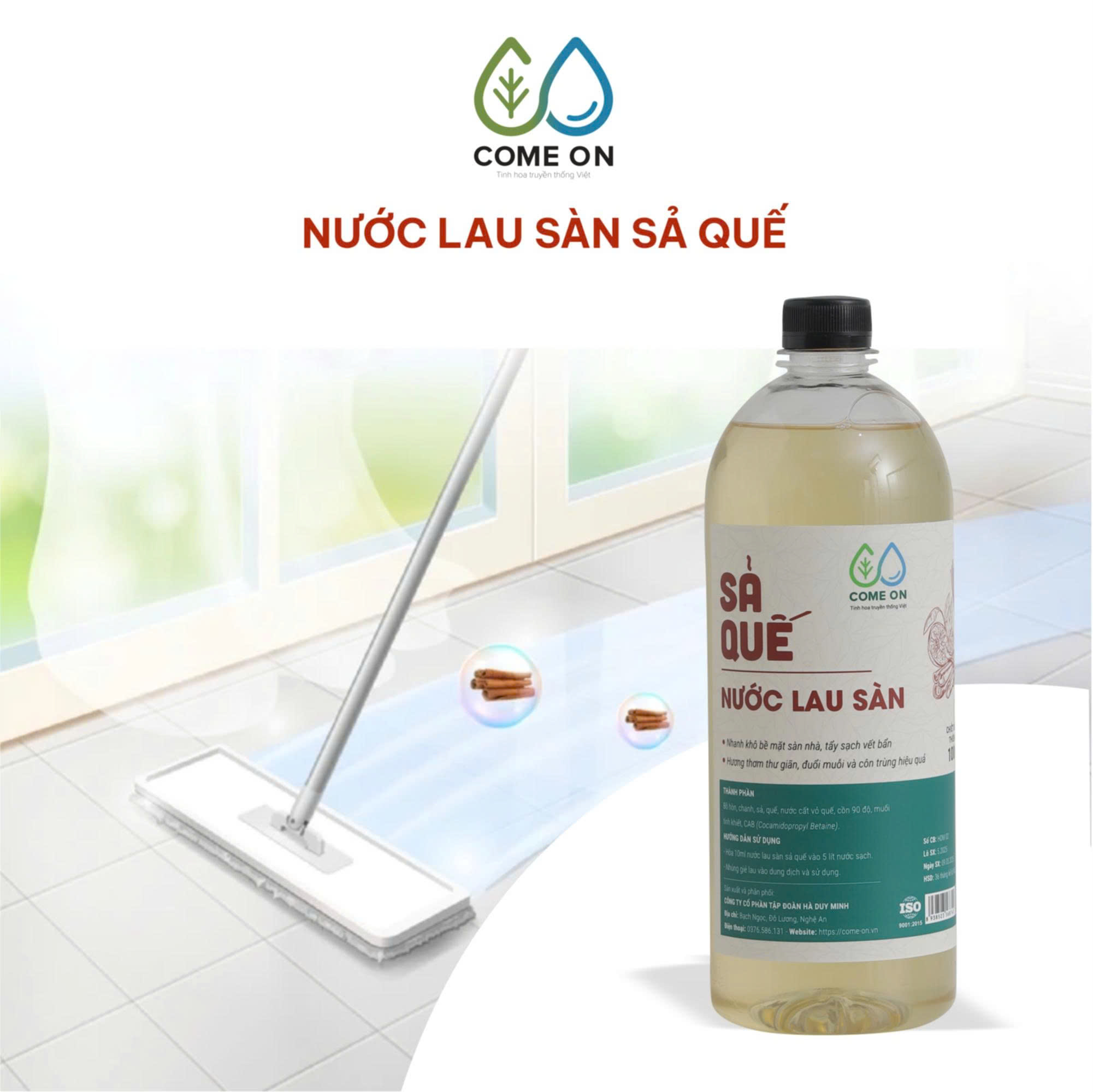 Nước lau sàn sả quế COME ON sạch bóng thơm mát từ thiên nhiên 1 lít