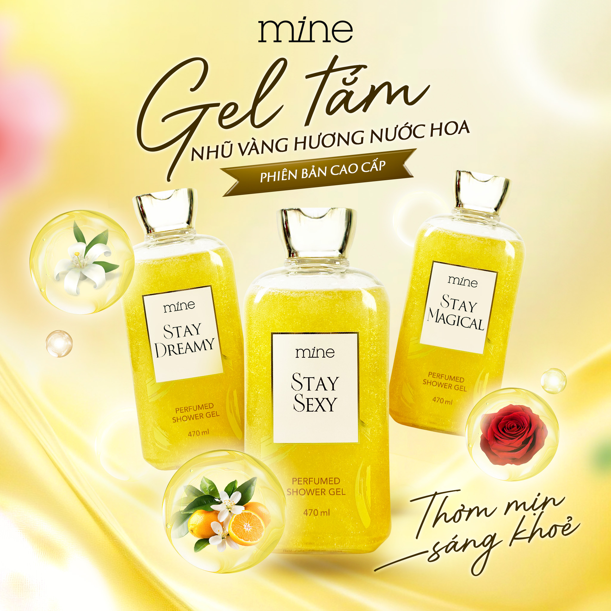 Gel tắm trắng nhũ vàng nước hoa Mine Stay Dreamy 470ml