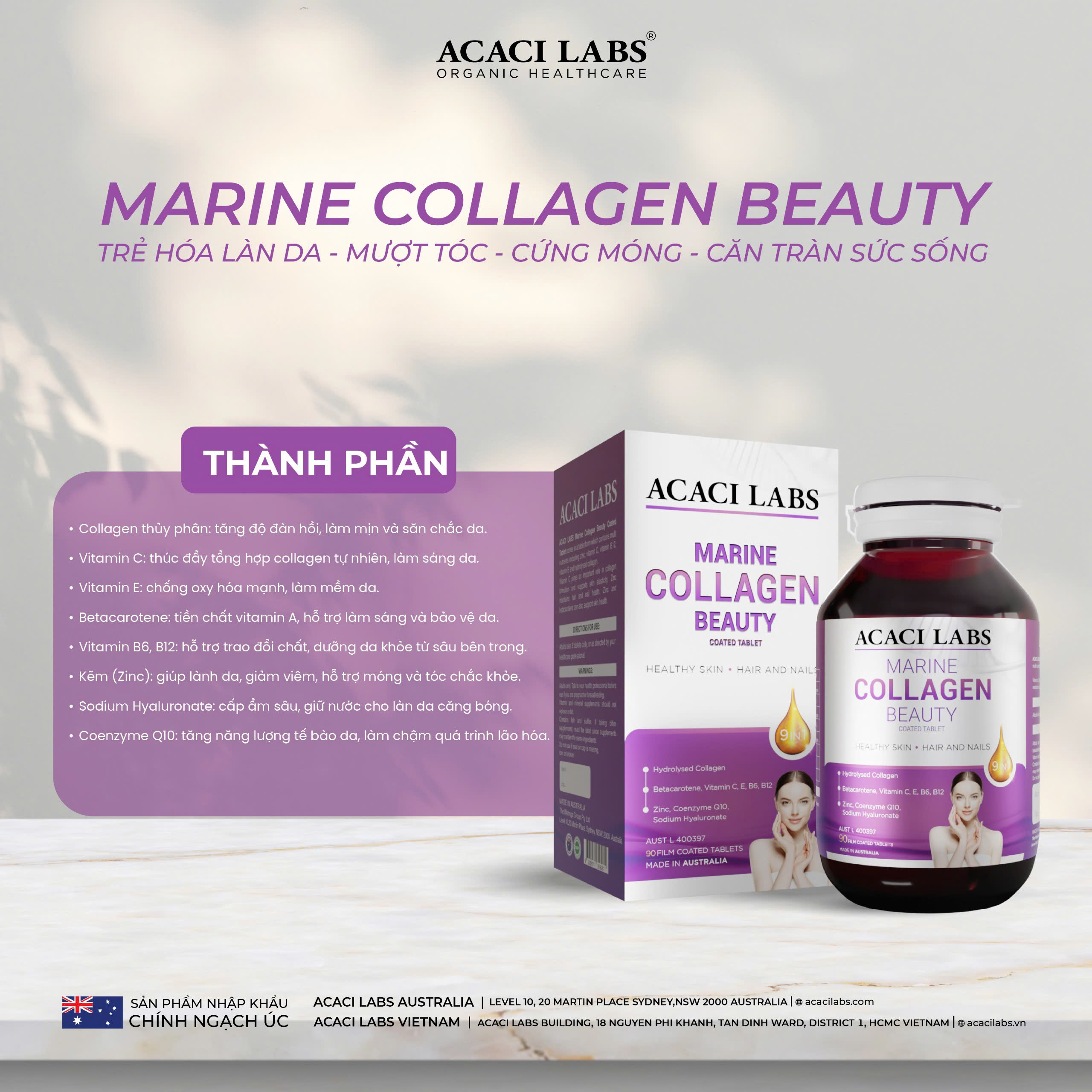Collagen thủy phân hỗ trợ Da Móng Tóc Acai Labs Marine Collagen Beauty Australia 90v