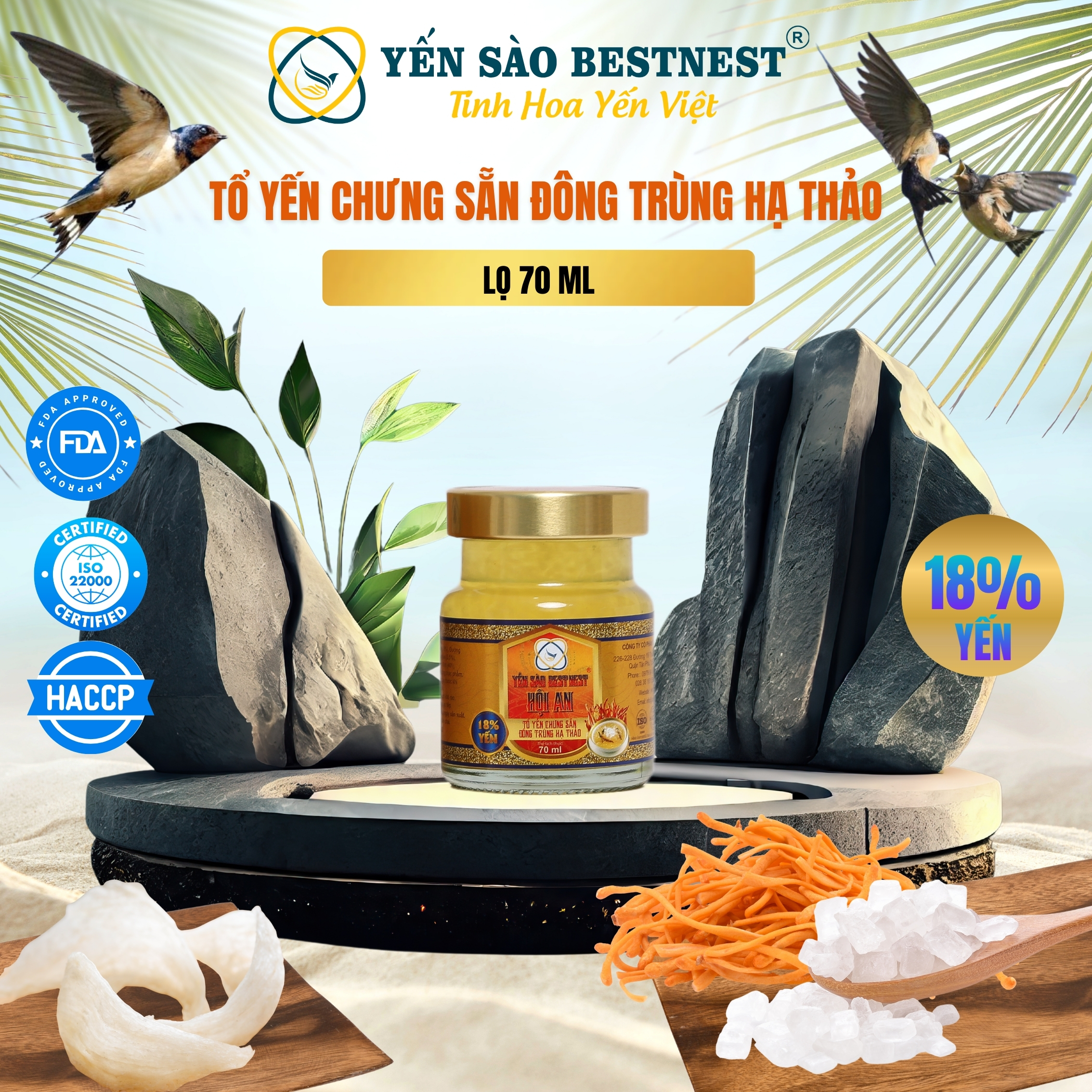 Thùng 30 hũ Yến Sào Chưng Sẵn Bestnest Hội An 18% Ngũ Vị (6 hũ Đường Phèn - 6 hũ Kid - 6 hũ Đông trùng hạ thảo - 6 hũ Nhân Sâm - 6 hũ Ăn Kiêng)