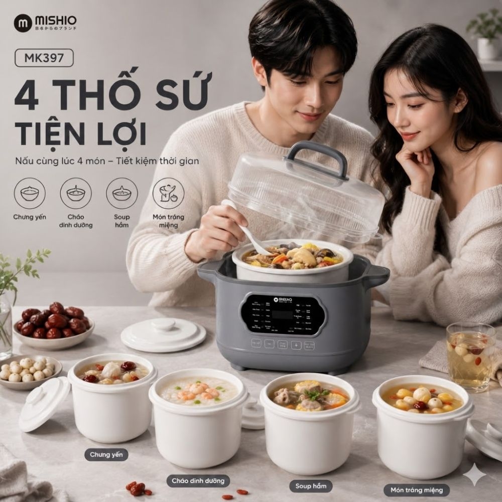 Nồi nấu chậm lòng sứ 3L Mishio MK397 kèm xửng hấp và 4 thố sứ tiện lợi không lo cháy khét hay bong tróc chống dính - Phân phối chính hãng