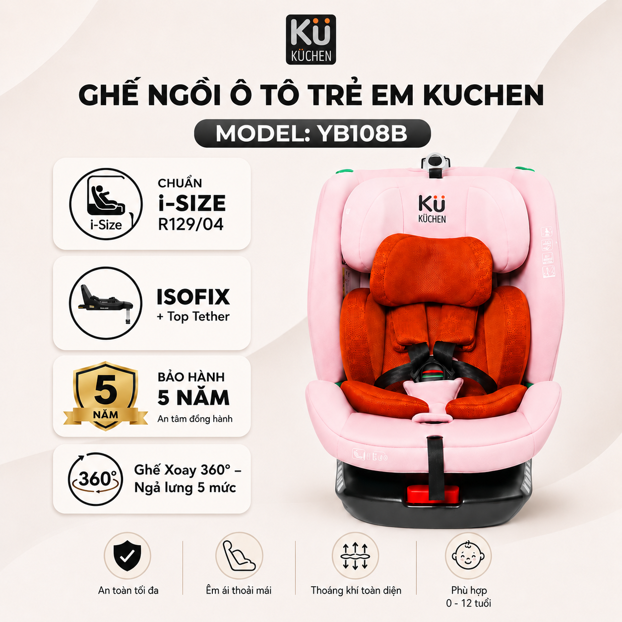 Ghế an toàn trẻ em trên xe ô tô KUCHEN YB108B - Màu hồng - Phân phối chính hãng