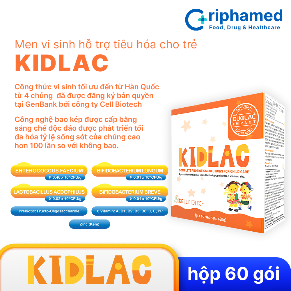 Men vi sinh hỗ trợ tiêu hóa cho trẻ Kidlac (Hộp 60 gói)