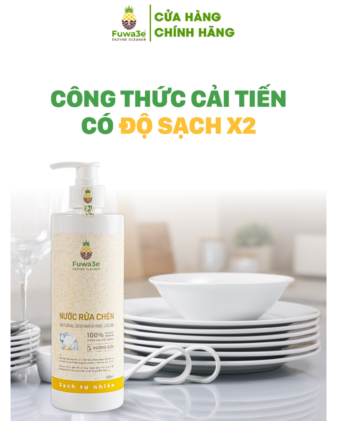 Nước rửa chén FUWA3E Enzyme sạch x2 không dư lượng 500ml - Phân phối chính hãng