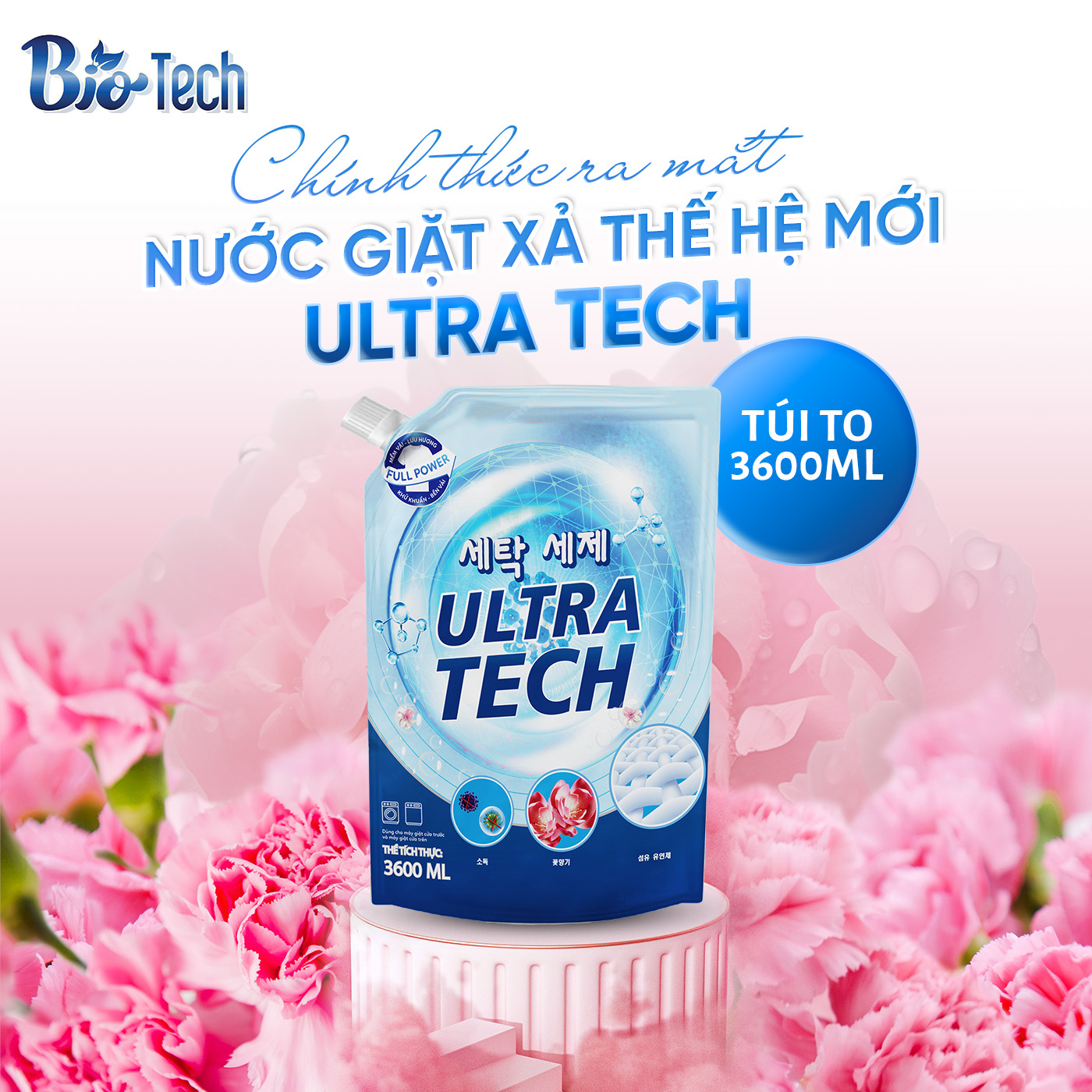 Thùng 4 túi Nước giặt xả Ultra Tech hương ngàn hoa 3600ml - 3