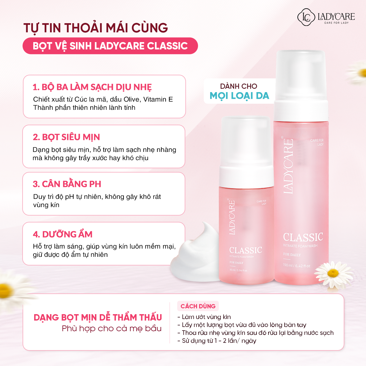 Dung dịch vệ sinh phụ khoa dạng bọt Ladycare Classic 190ML cho mẹ bầu, nam, nữ tuổi dậy thì - 3