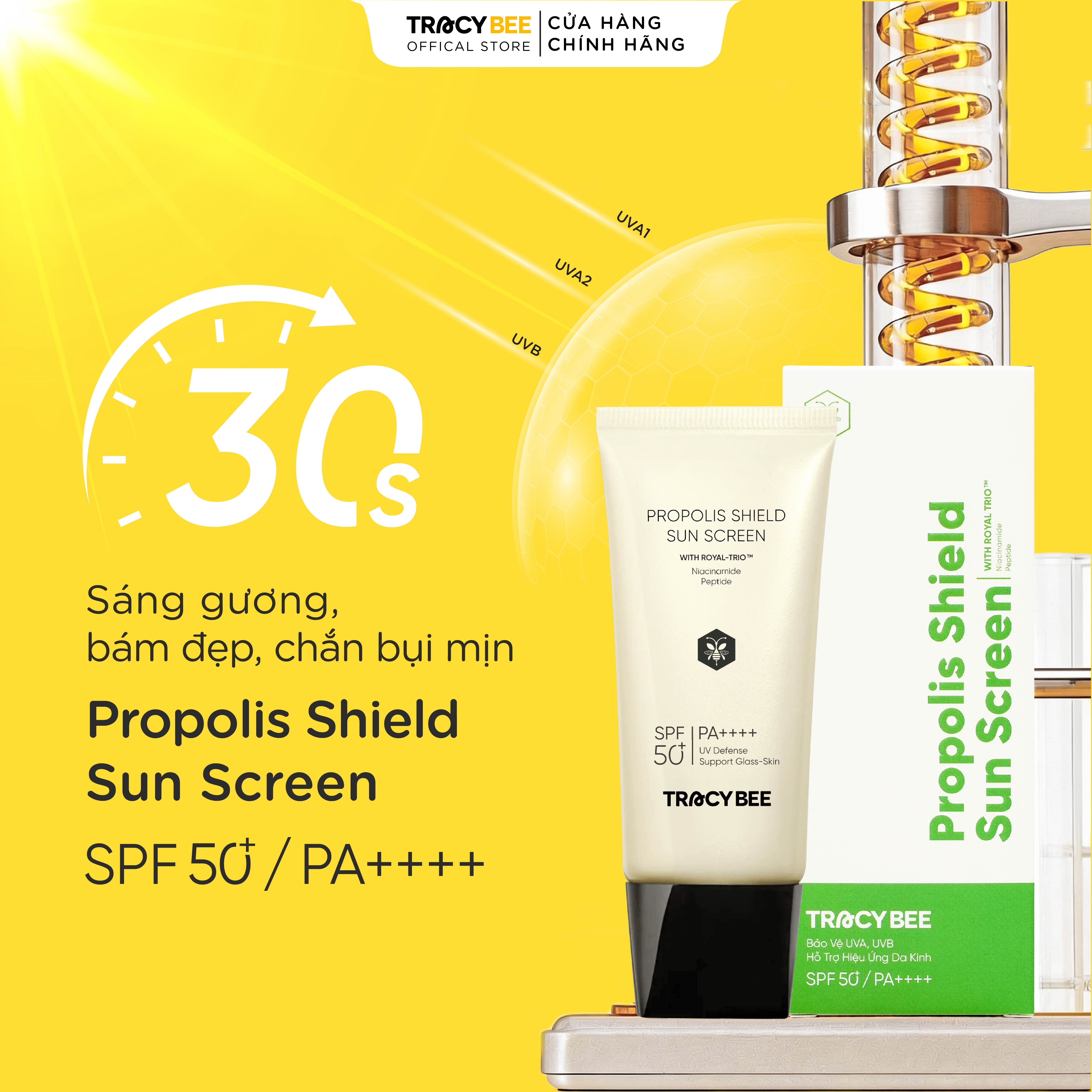 Kem chống nắng Tracybee Propolis Shield kiềm dầu, chống bụi mịn cho da mụn SPF50+ PA++++(50ml)