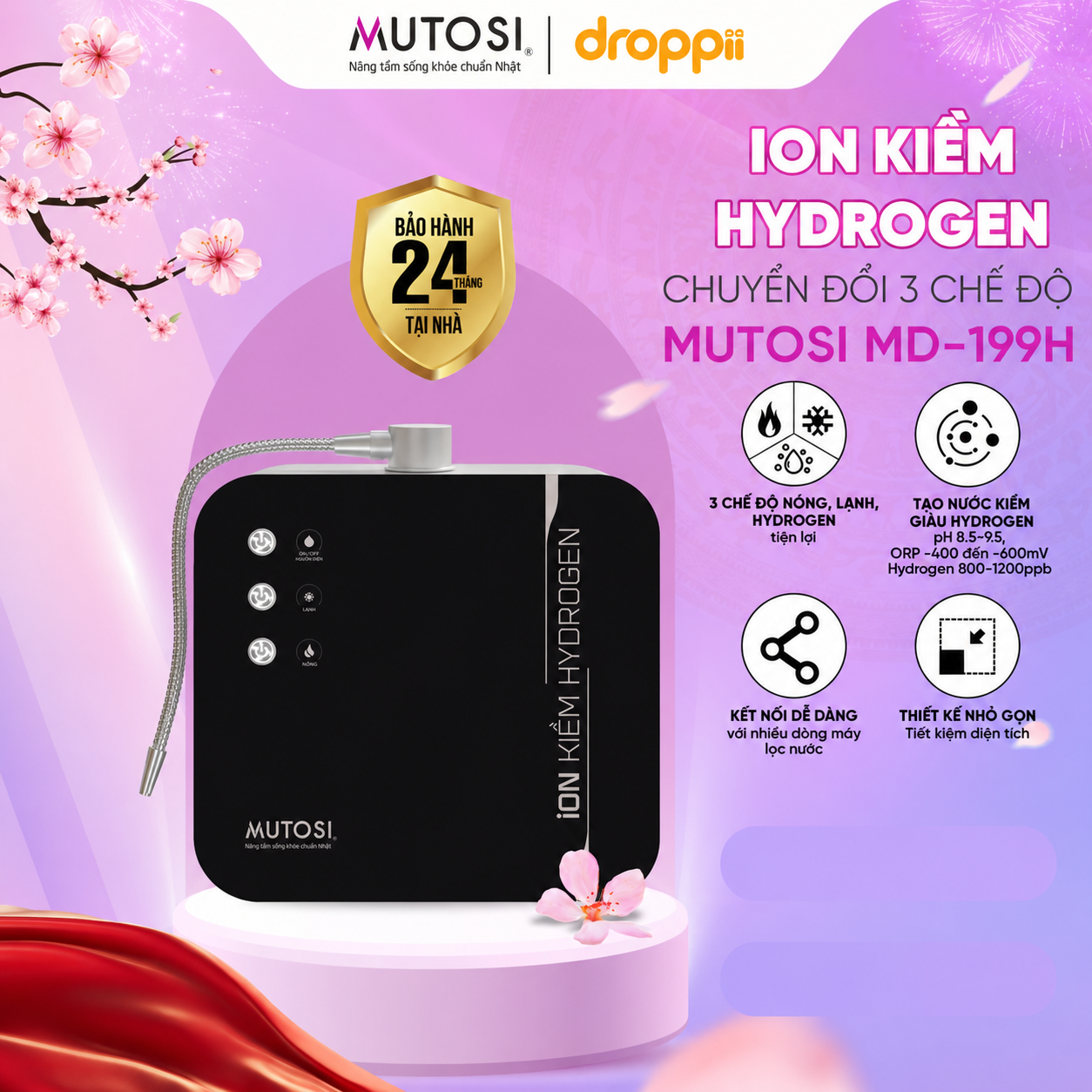 Máy nóng lạnh ion kiềm hydrogen Mutosi MD-199H - Phân phối chính hãng