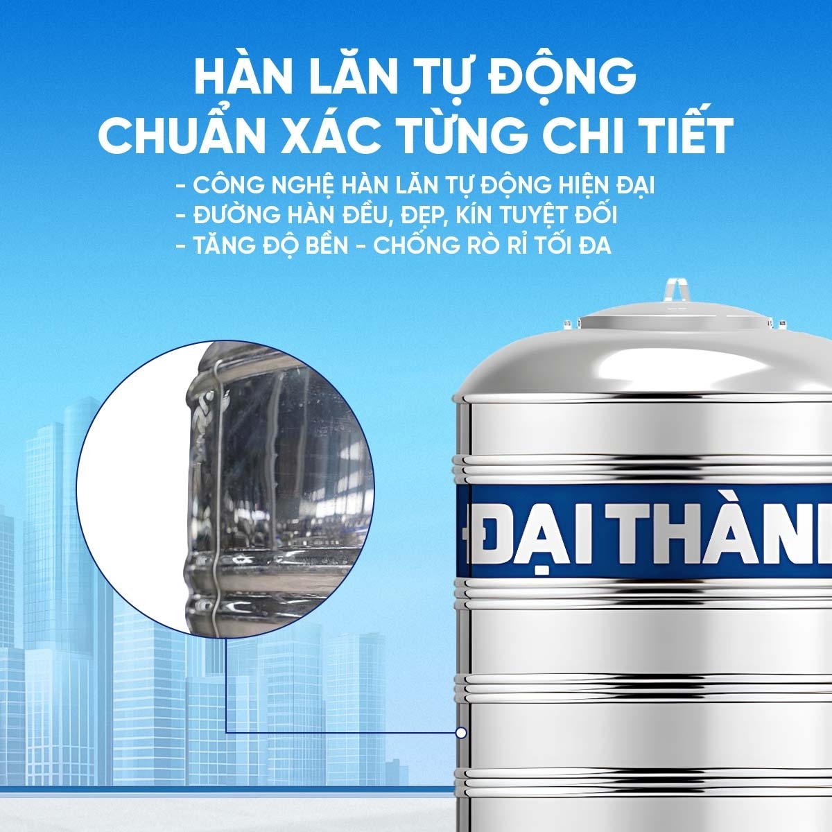 Bồn Inox  Đại Thành 2000L- bồn đứng ĐK1170 (Phân phối từ Kon Tum trở vào khu vực phía Nam)
