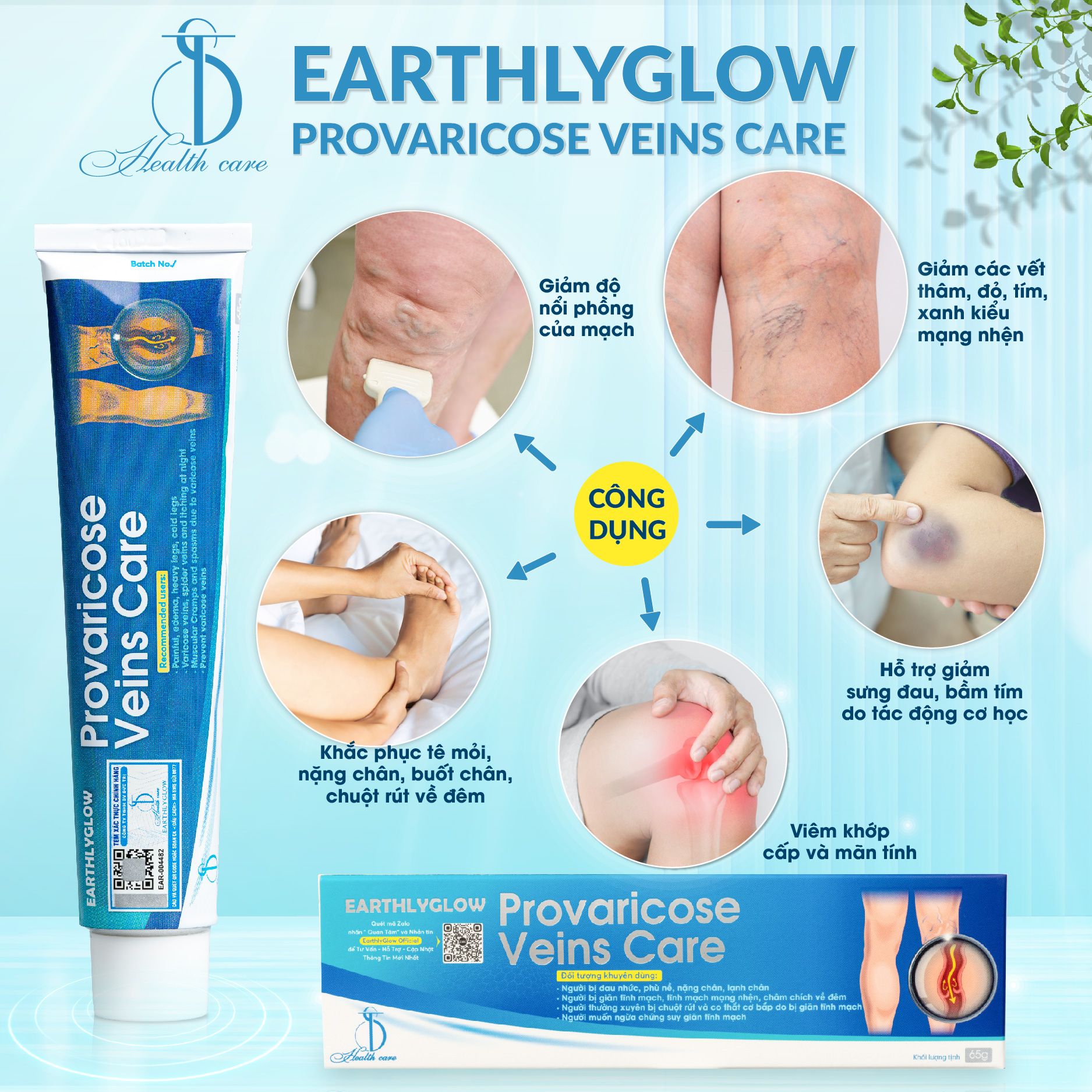 Kem hỗ trợ giảm viêm khớp, giãn tĩnh mạch Earthlyglow - Tuýp 65g