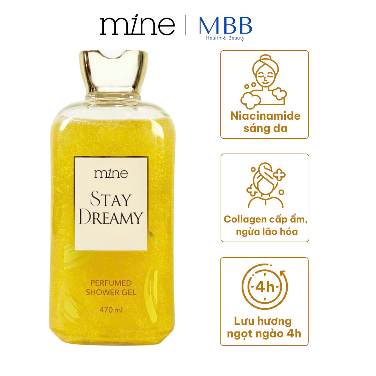 Gel tắm trắng nhũ vàng nước hoa Mine Stay Dreamy 470ml - Phân phối chính hãng