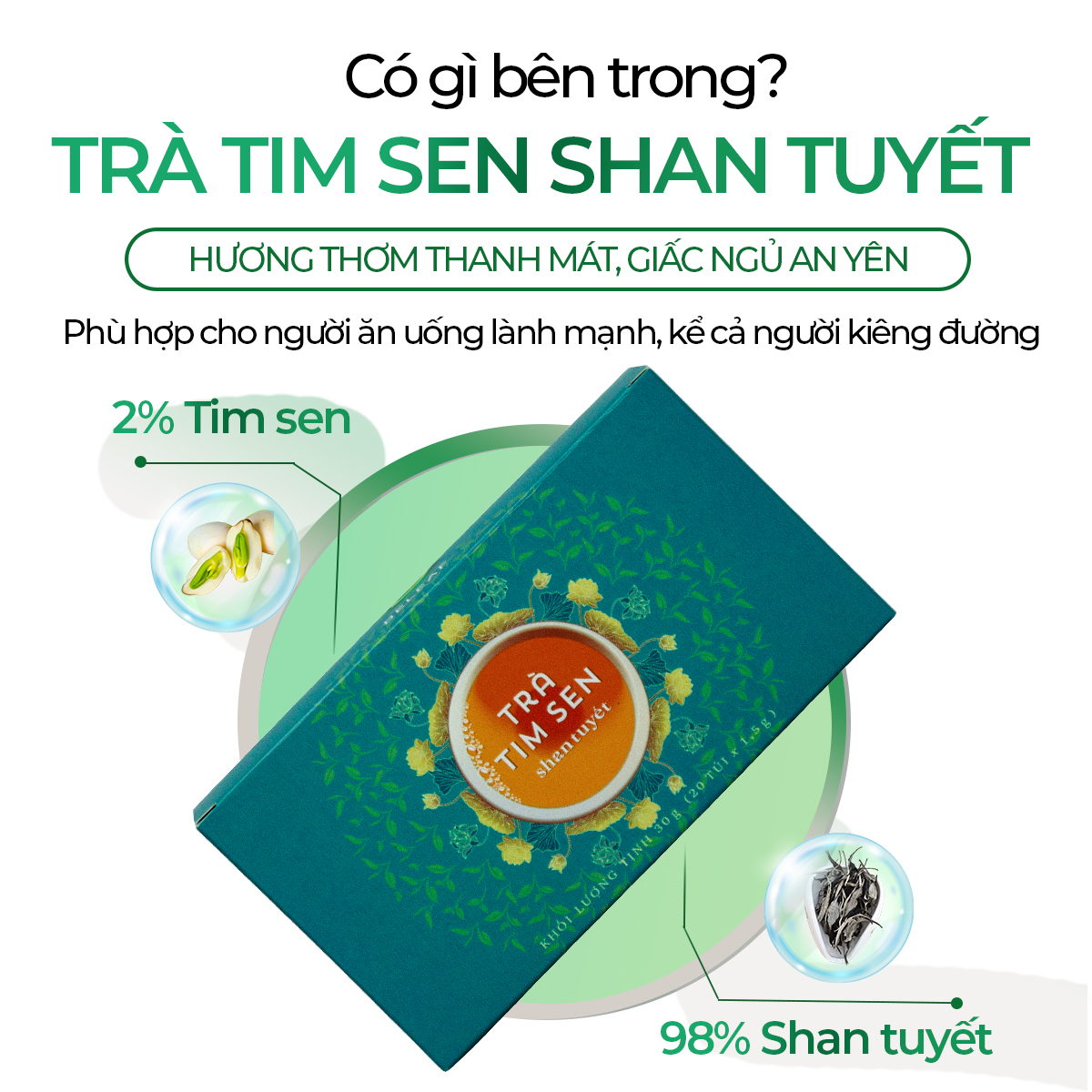 Trà Tim Sen Shan Tuyết Cổ Thụ Sunbeleaf - Thích Hợp Cho Người Chú Trọng Lối Sống Điều Độ Và Sức Khỏe Bên Trong - Hộp 20 Gói Túi Lọc