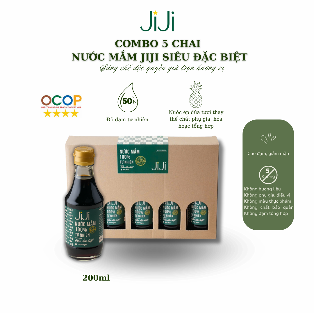 Set 5 chai Nước mắm tự nhiên JI JI Siêu đặc biệt 50 đạm 200ml - Phân phối chính hãng