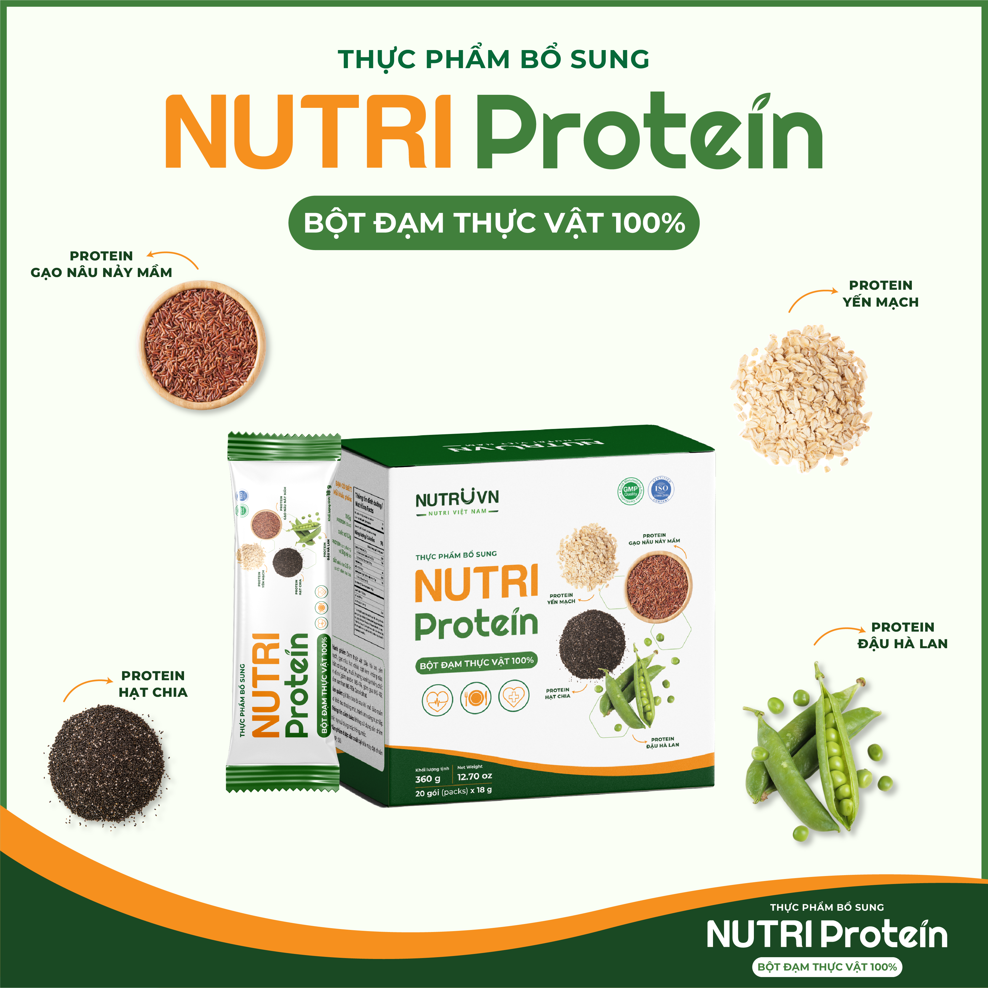 Bột đạm thực vật Nutri Protein hỗ trợ cơ bắp, tăng sức đề kháng, tim mạch (Hộp 20 gói x 18g)