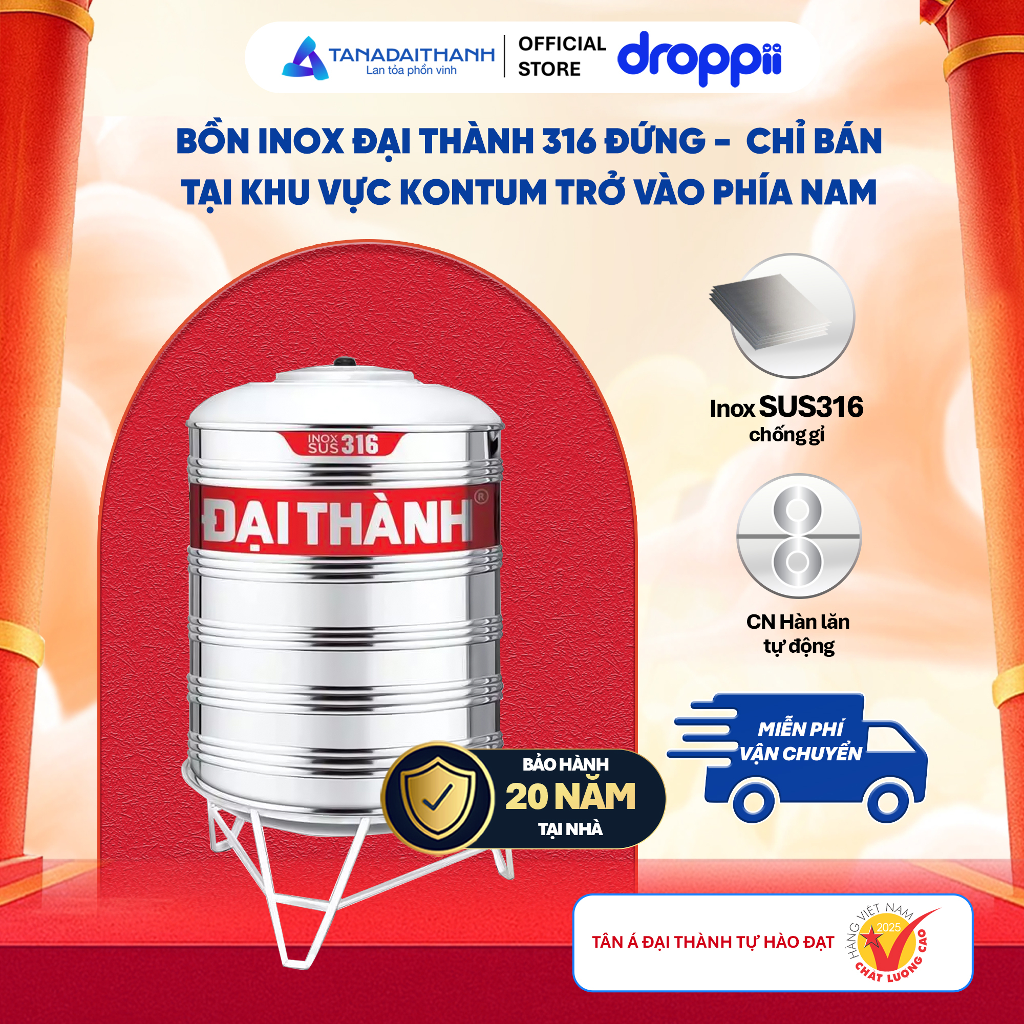 Bồn Inox 316 Đại Thành 2.000D ĐK 1170, CHỈ BÁN KHU VỰC MIỀN NAM - Phân phối chính hãng