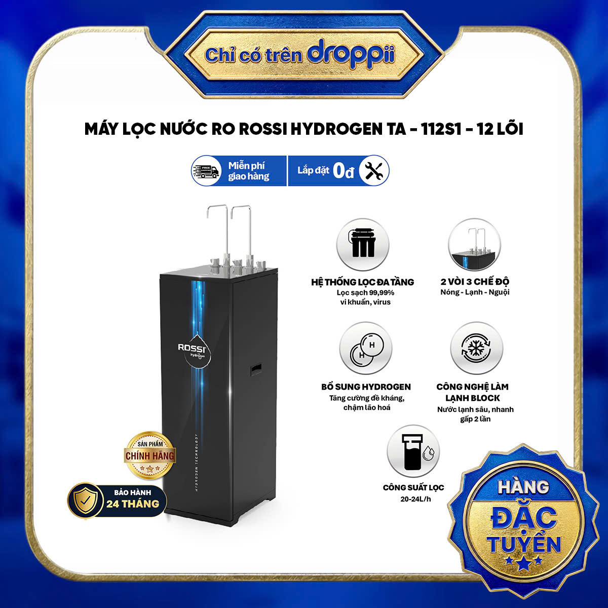 Máy lọc nước nóng lạnh nguội RO Rossi Hydrogen TA-112S1 - 12 lõi bổ sung Hydrogen - Phân phối chính hãng