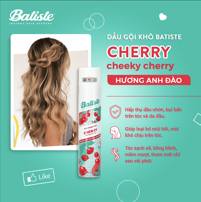 Dầu Gội Khô Batiste Hương Hoa Anh Đào - Batiste Dry Shampoo Fruity & Cheeky Cherry 200ml