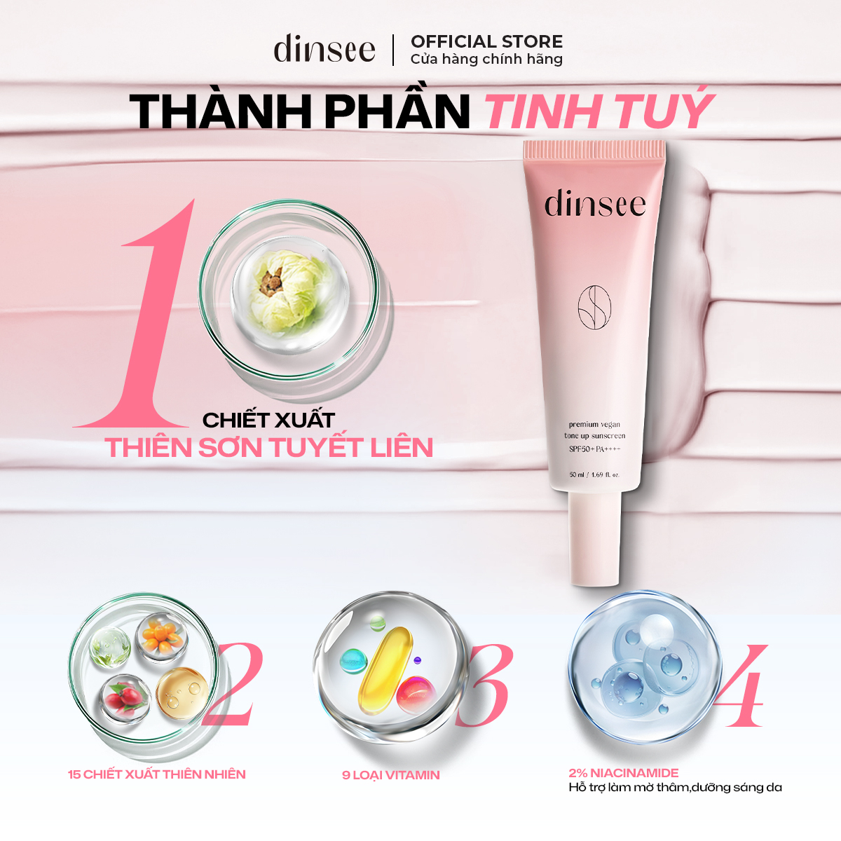 KEM CHỐNG NẮNG THUẦN CHAY SPF 50+ PA++++ ẨM MỊN, NÂNG TONE TRẮNG HỒNG DINSEE PREMIUM VEGAN TONE UP SUNSCREEN SPF50+ PA++++