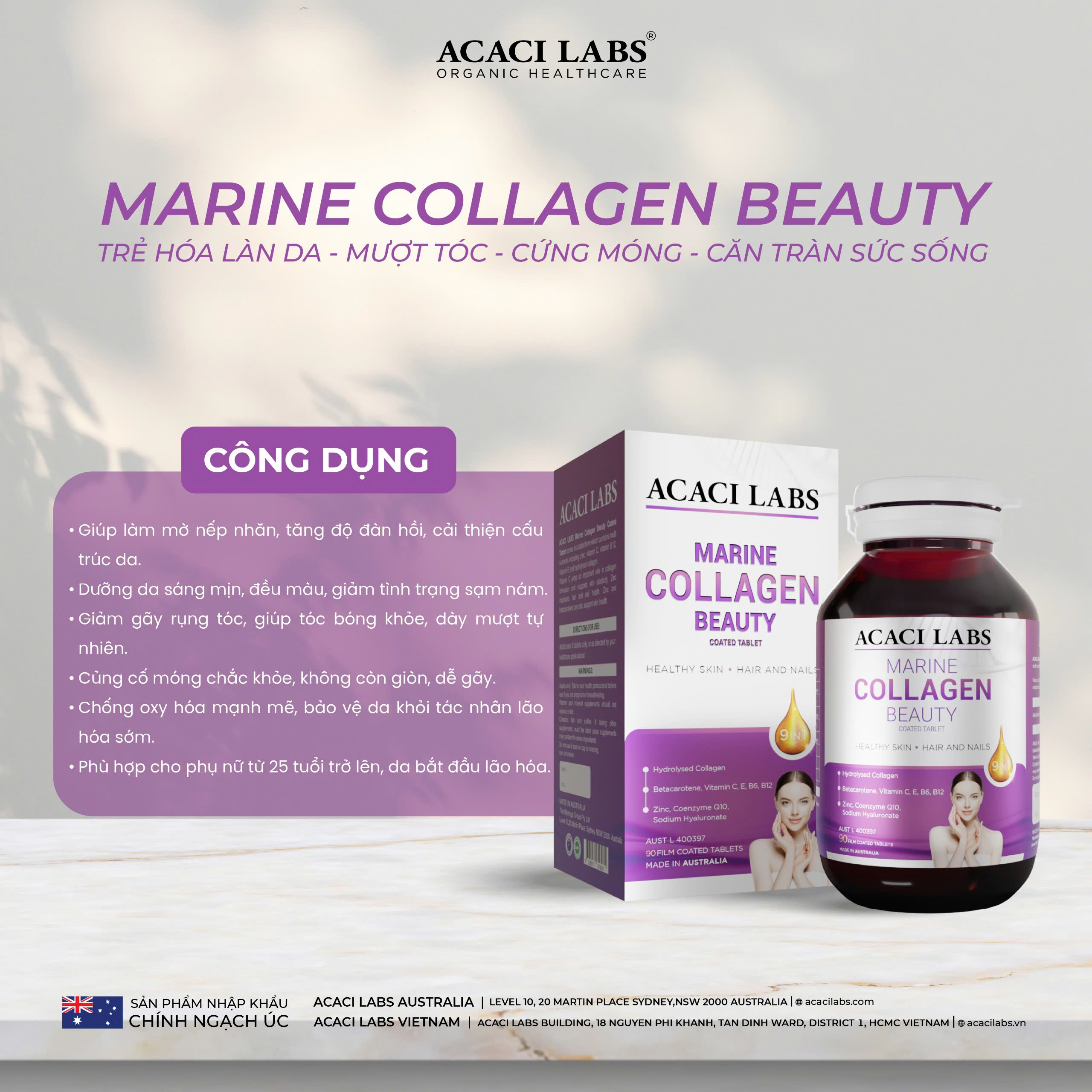 Collagen thủy phân hỗ trợ Da Móng Tóc Acai Labs Marine Collagen Beauty Australia 90v