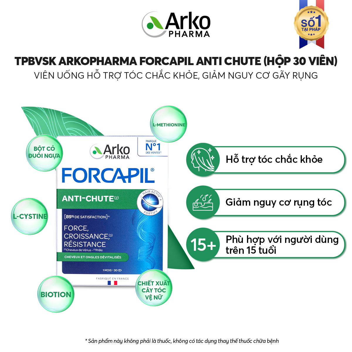 Viên uống ARKOPHARMA FORCAPIL ANTI CHUTE bổ sung biotin, hỗ trợ tóc chắc khỏe, giúp giảm nguy cơ rụng tóc (Hộp 30 viên) - Phân phối chính hãng