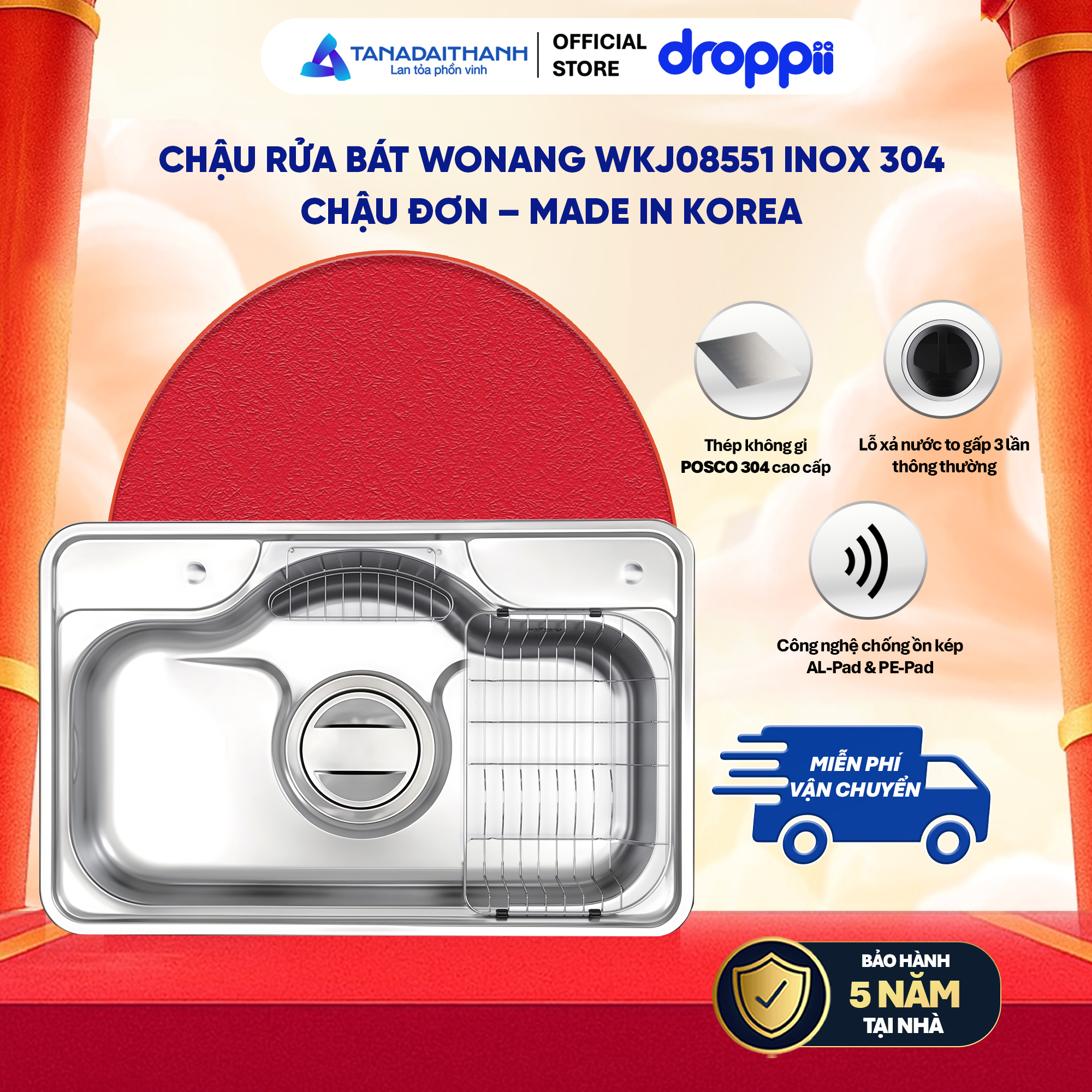 Chậu đơn rửa bát Wonang WKJ08551 một hố inox 304 – Made In Korea - Phân phối chính hãng
