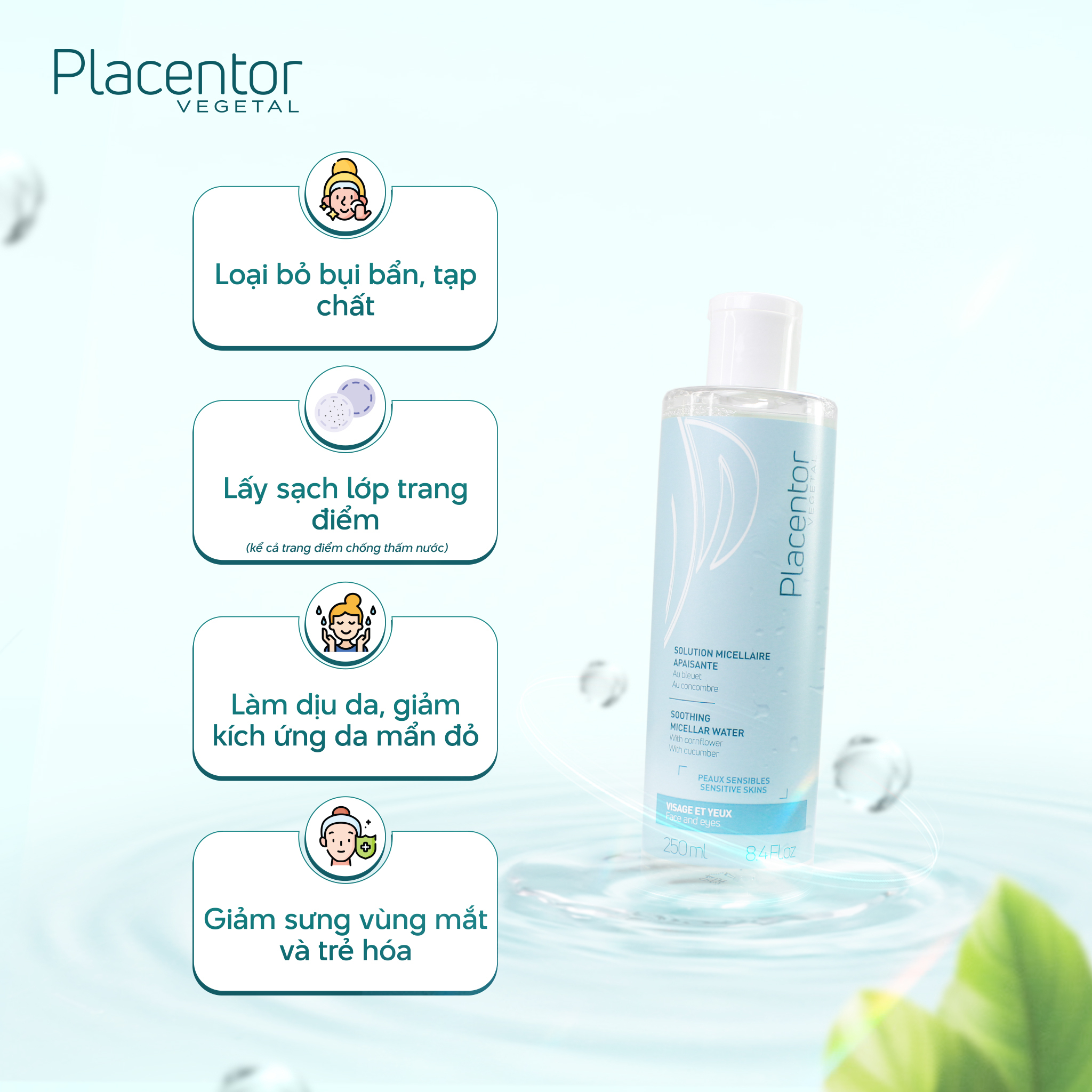 Nước tẩy trang làm dịu da nhạy cảm và vùng mắt công nghệ Micellar Placentor Soothing Micellar (Chai 250ml) - Phân phối chính hãng