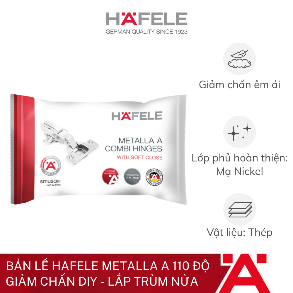 Bản lề Hafele METALLA A 110 độ, giảm chấn, trọn bộ DIY - trùm nửa 493.03.024 - Phân phối chính hãng