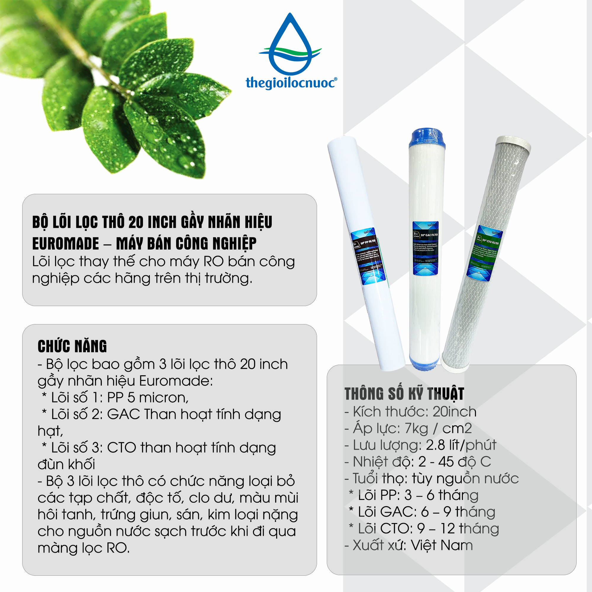 Combo 3 lõi lọc thô 1-2-3 kích thước 20 inch dùng cho máy lọc nước bán công nghiệp Watek