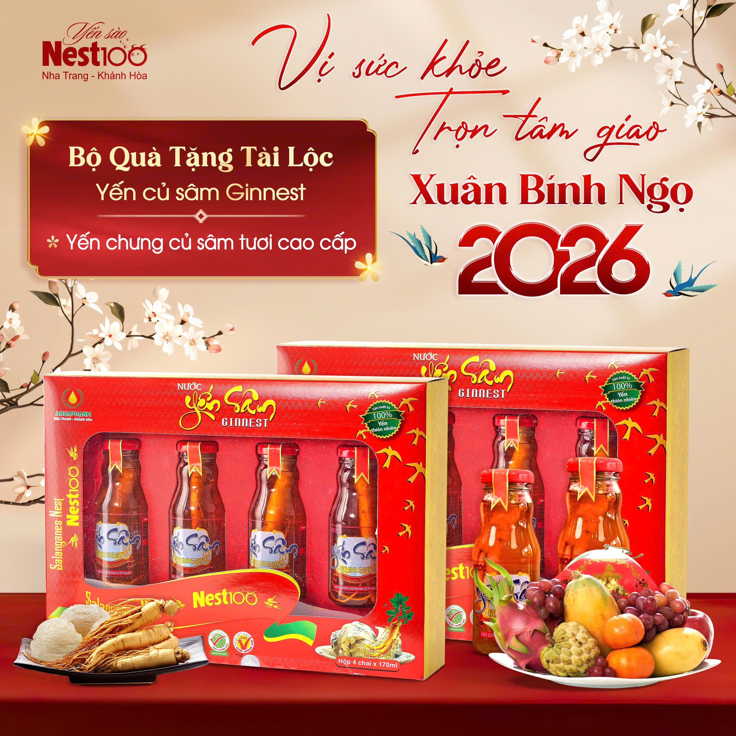 Nước Yến Sâm cao cấp Ginnest Nest100 (4 chai 170ml + túi) - Phân phối chính hãng