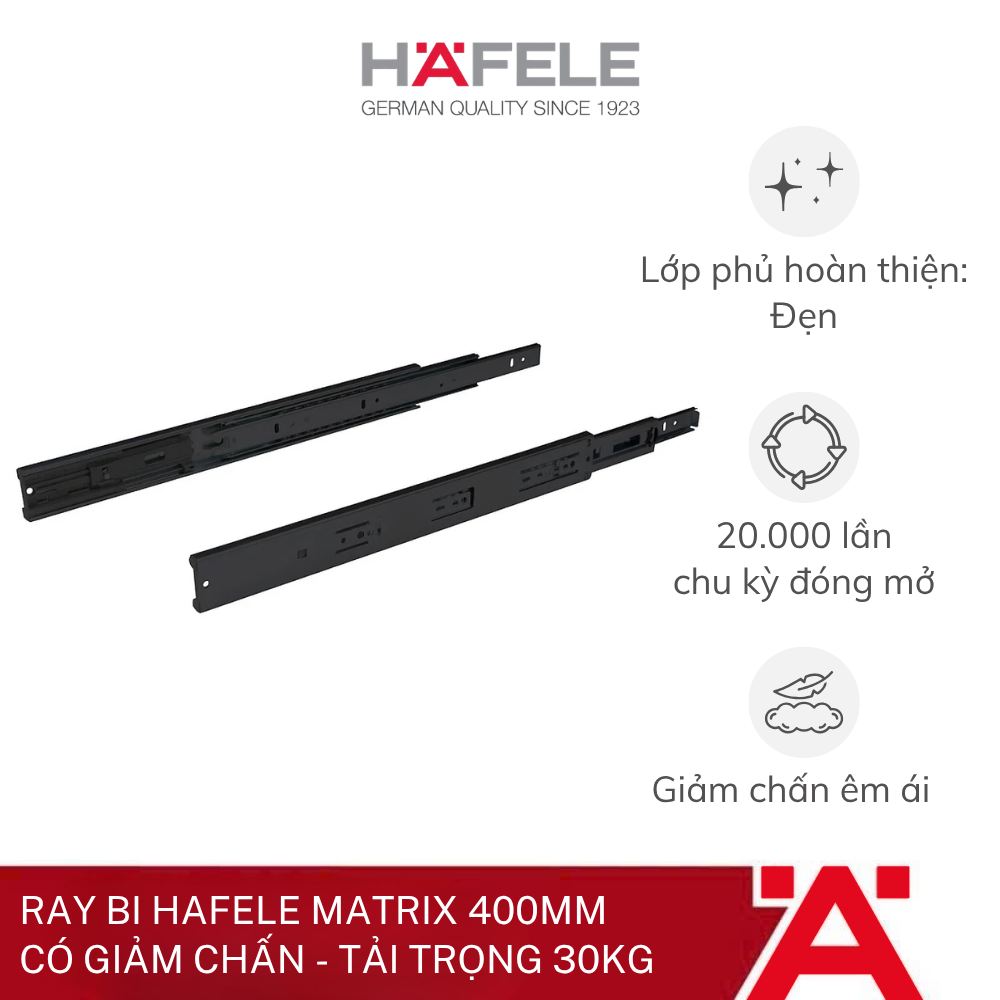 Ray bi Hafele - Matrix 400mm - Có giảm chấn màu đen - tải trọng 30kg 494.02.073